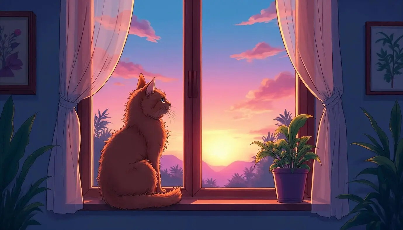Katze am Fenster beim Sonnenuntergang