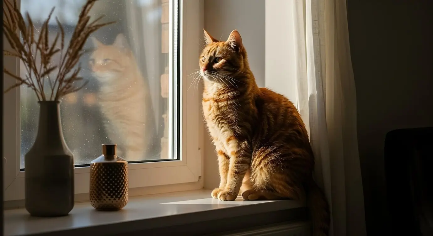 Orangefarbene getigerte Katze, die auf einer Fensterbank das Sonnenlicht genießt.